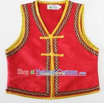 Traditional Chinese Mongol Nationality Dance Costume, Mongols Children Folk Dance Ethnic Vest, Chinese Mongolian Minority Nationality Embroidery Red Waistcoat for Kids