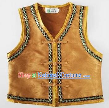 Traditional Chinese Mongol Nationality Dance Costume, Mongols Children Folk Dance Ethnic Vest, Chinese Mongolian Minority Nationality Embroidery Light Tan Waistcoat for Kids