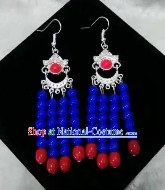 Traditional Handmade Chinese  Mongol Nationality Dance Accessories Earrings, China Mongols Mongolian Minority Nationality Princess Blue Beads Tassel Eardrop for Women