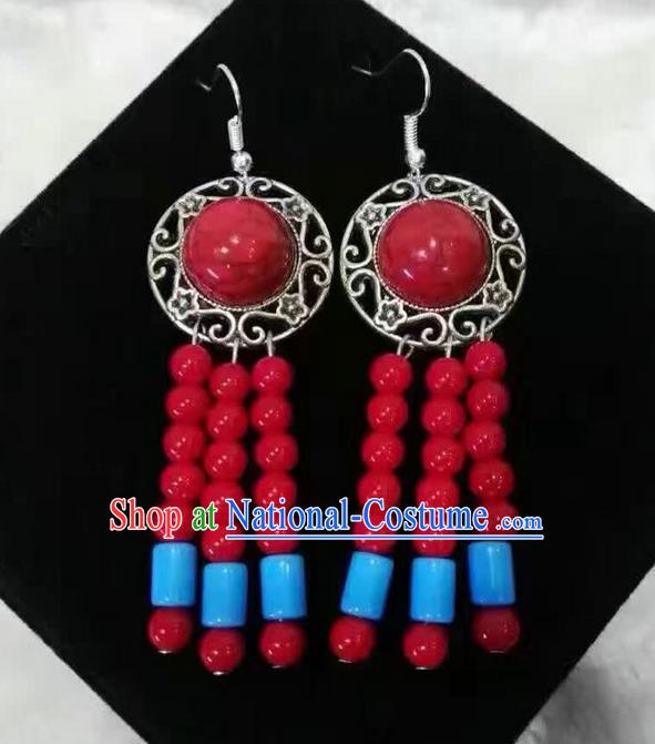 Traditional Handmade Chinese  Mongol Nationality Dance Accessories Earrings, China Mongols Mongolian Minority Nationality Princess Red Beads Tassel Eardrop for Women