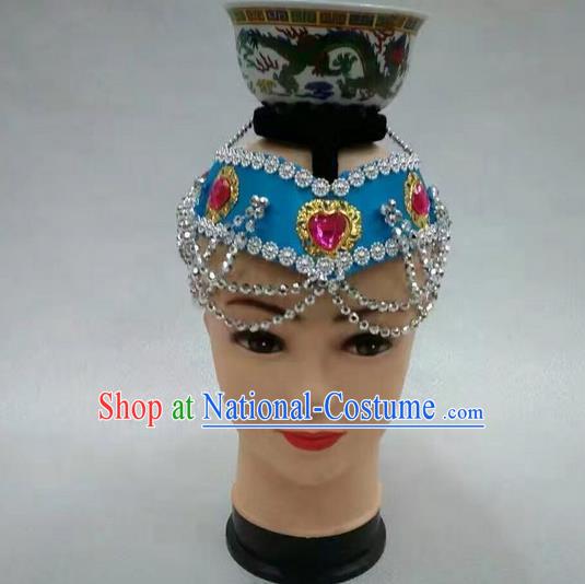 Traditional Handmade Chinese Mongol Nationality Dance Blue Hair Accessories Headwear, China Mongols Mongolian Minority Nationality Bride Headpiece for Women