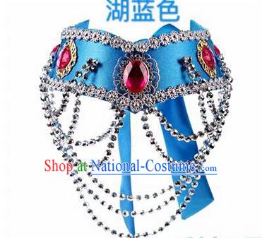 Traditional Handmade Chinese Mongol Nationality Dance Blue Hair Accessories Headband, China Mongols Mongolian Minority Nationality Bride Headpiece for Women