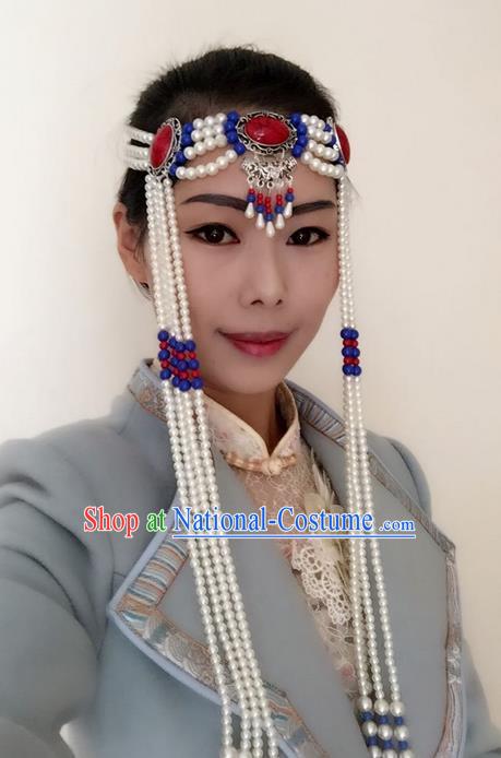 Traditional Handmade Chinese Mongol Nationality Dance White Beads Hair Accessories Headwear, China Mongols Mongolian Minority Nationality Bride Headpiece for Women