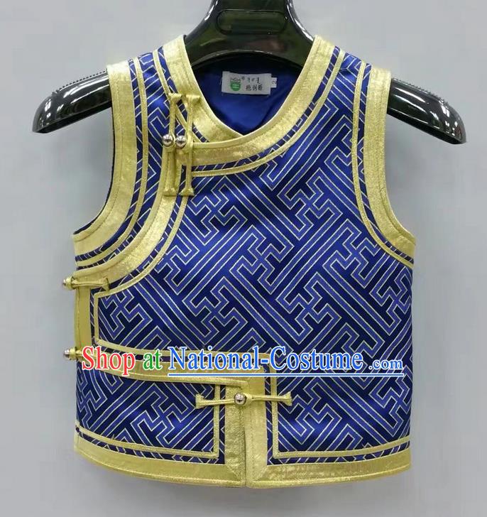 Traditional Chinese Mongol Nationality Prince Dance Costume, Mongols Children Folk Dance Ethnic Vest, Chinese Mongolian Minority Nationality Embroidery Royalblue Waistcoat for Kids