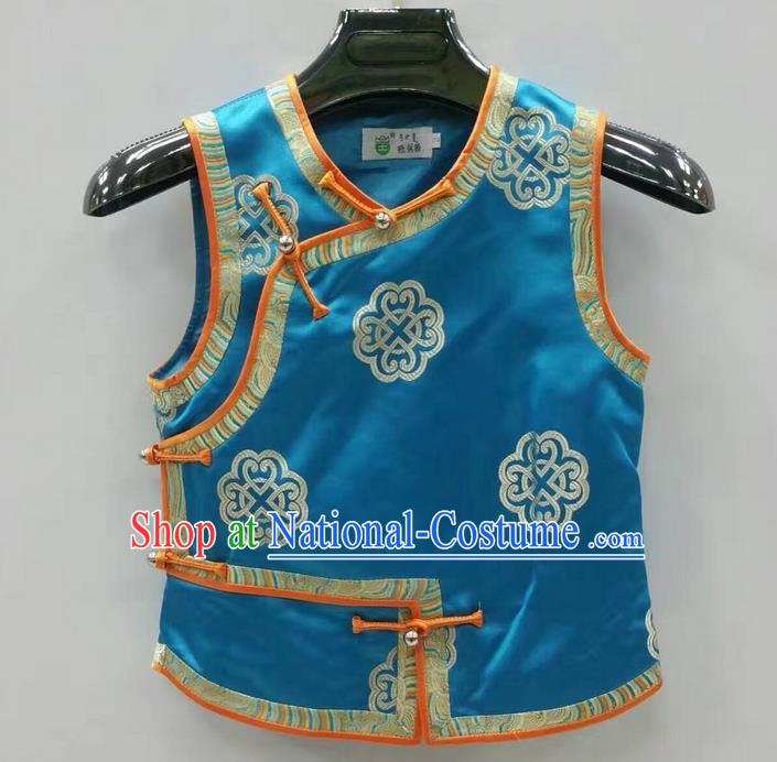 Traditional Chinese Mongol Nationality Prince Dance Costume, Mongols Children Folk Dance Ethnic Vest, Chinese Mongolian Minority Nationality Embroidery Blue Waistcoat for Kids