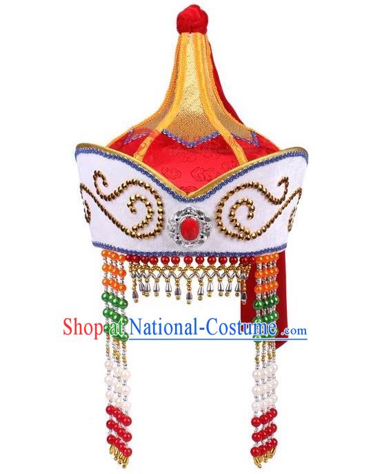 Traditional Handmade Chinese Mongol Nationality Dance Princess Hair Accessories Red Hat, China Mongols Mongolian Minority Nationality Bride Headpiece for Women