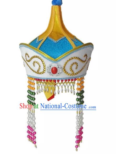 Traditional Handmade Chinese Mongol Nationality Dance Princess Hair Accessories Blue Hat, China Mongols Mongolian Minority Nationality Bride Headpiece for Women