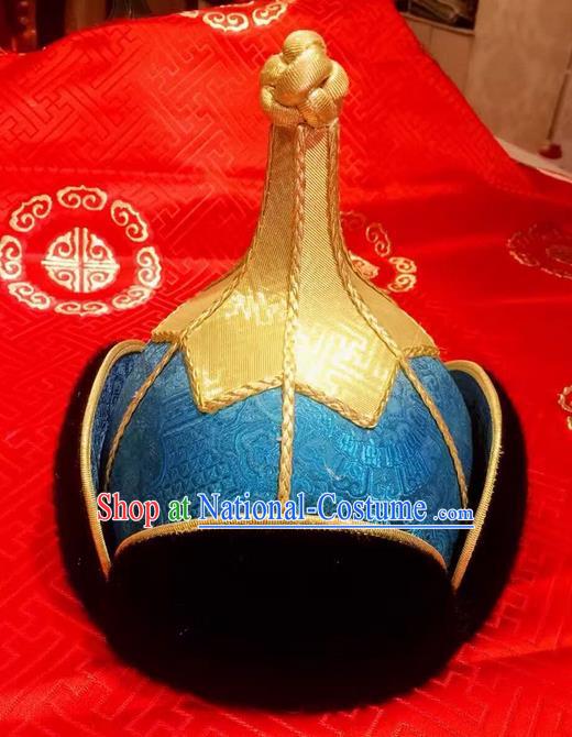 Traditional Handmade Chinese Mongol Nationality Dance Royal Highness Headwear Blue Hat, China Mongols Mongolian Minority Nationality Bridegroom Headpiece for Men