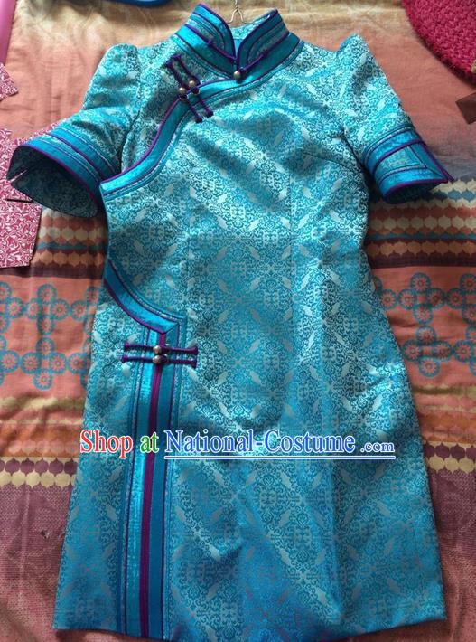 Traditional Chinese Mongol Nationality Dance Costume Blue Mongol Robes, Chinese Mongolian Minority Nationality Embroidery Dress Clothing for Women