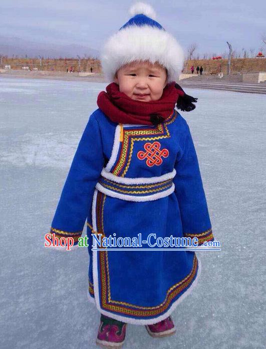 Traditional Chinese Mongol Nationality Dance Costume Blue Mongol Cotton Wadded Robes, Chinese Children Mongolian Minority Nationality Embroidery Clothing for Kids