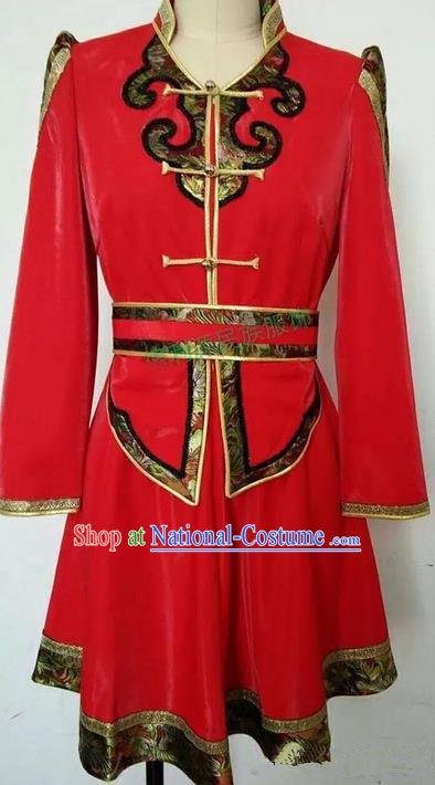 Traditional Chinese Mongol Nationality Dance Costume Red Mongol Robes, Chinese Children Mongolian Minority Nationality Embroidery Dress Clothing for Women