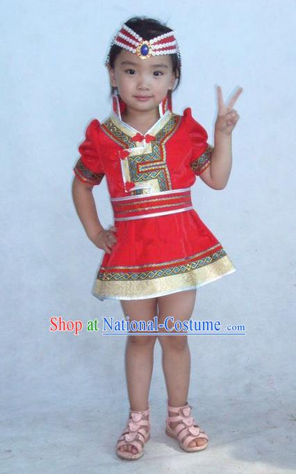 Traditional Chinese Mongol Nationality Dance Costume Children Red Mongol Coat, China Mongolian Minority Nationality Embroidery Dress Clothing for Kids