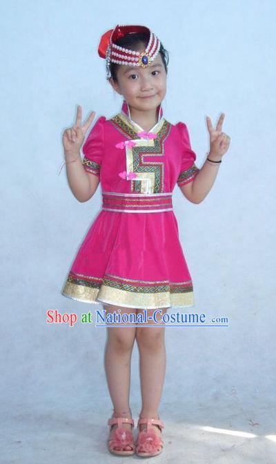 Traditional Chinese Mongol Nationality Dance Costume Children Pink Mongol Robe, China Mongolian Minority Nationality Embroidery Dress Clothing for Kids