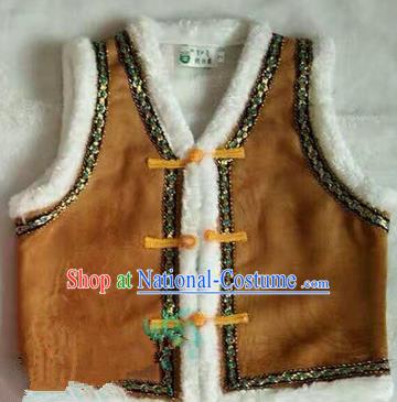 Traditional Chinese Mongol Nationality Dance Costume Children Brown Mongol Vest, China Mongolian Minority Nationality Waistcoat Clothing for Kids