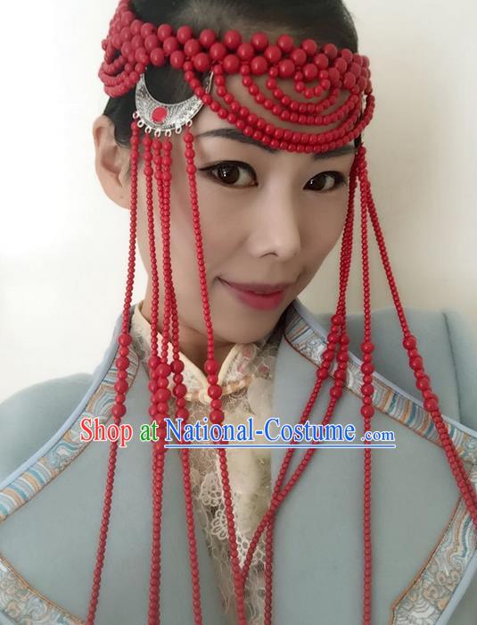 Traditional Handmade Chinese Mongol Nationality Dance Tassel Hair Accessories Headwear, China Mongols Mongolian Minority Nationality Bride Beads Headpiece for Women