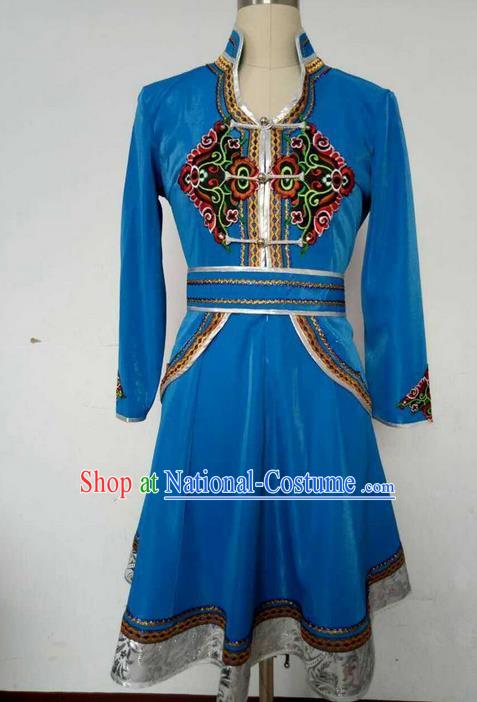 Traditional Chinese Mongol Nationality Dance Costume, China Mongolian Minority Nationality Blue Dress Clothing for Women