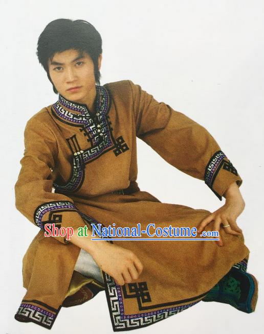 Traditional Chinese Mongol Nationality Dance Costume Deerskin Mongolian Robe, China Mongolian Minority Nationality Clothing for Men