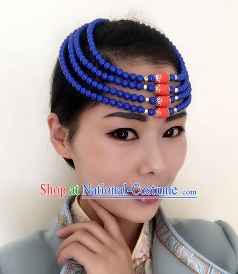 Traditional Handmade Chinese Mongol Nationality Dance Blue Beads Hair Accessories Headwear, China Mongols Mongolian Minority Nationality Bride Headpiece for Women