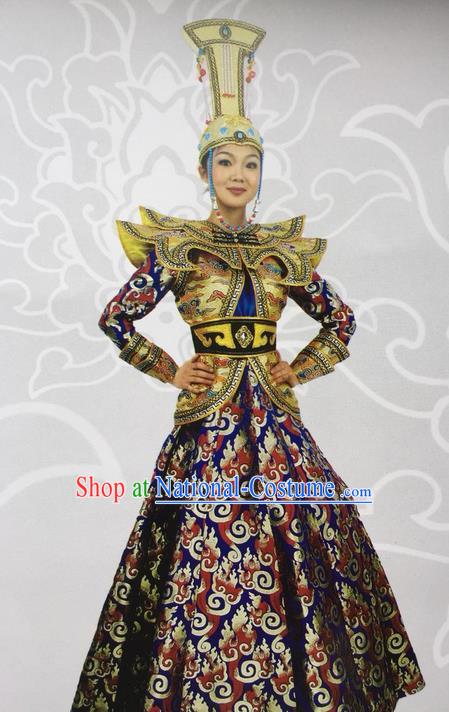 Traditional Chinese Mongol Nationality Dance Costume Celebration Mongolian Robe, China Mongolian Minority Nationality Princess Dress Clothing for Women