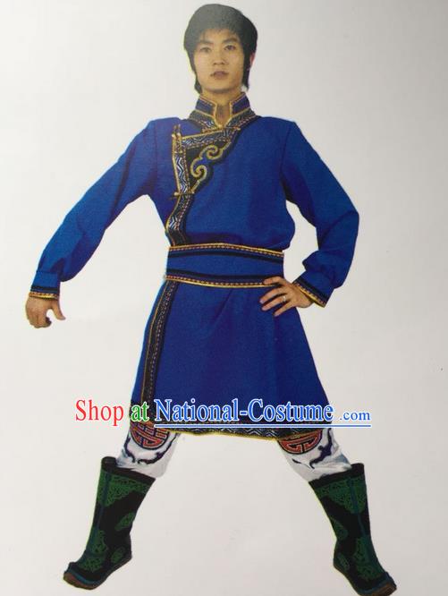 Traditional Chinese Mongol Nationality Dance Costume Handmade Royalblue Mongolian Robe, China Mongolian Minority Nationality Clothing for Men