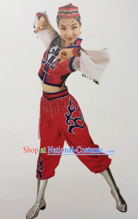 Traditional Chinese Mongol Nationality Dance Costume Red Mongolian Clothing, China Mongolian Minority Nationality Clothing for Women