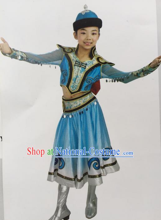 Traditional Chinese Mongol Nationality Dance Costume Handmade Children Blue Mongolian Robe, China Mongolian Minority Nationality Dress Clothing for Kids