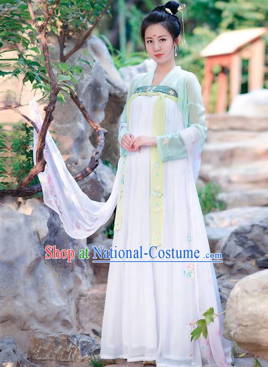 Traditional Ancient Chinese Costume Tang Dynasty Embroidery Blouse and Dress, Elegant Hanfu Clothing Chinese Princess Fairy Costume for Women