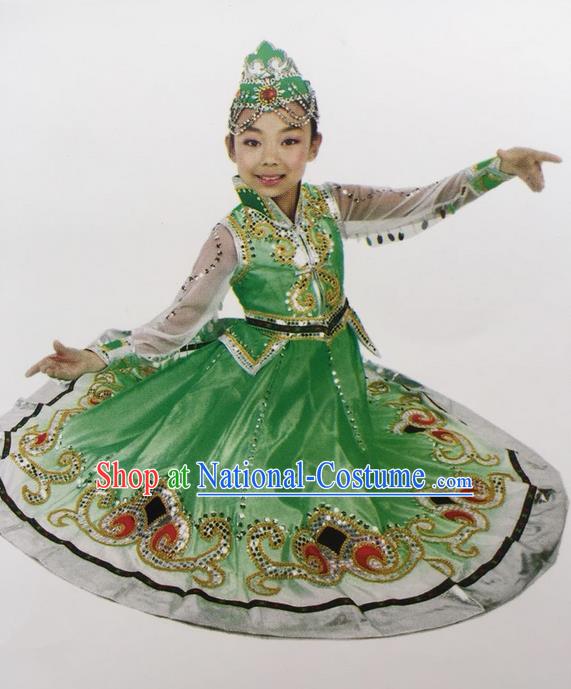 Traditional Chinese Mongol Nationality Dance Costume Green Mongolian Robe, China Mongolian Minority Nationality Dress Clothing for Kids