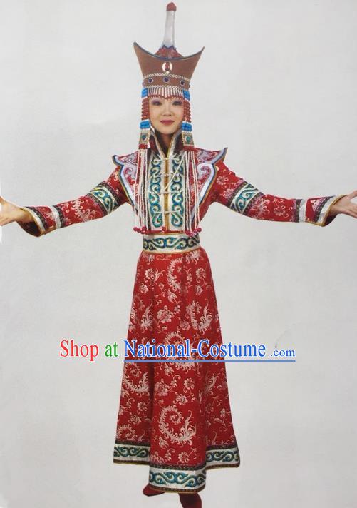 Traditional Chinese Mongol Nationality Dance Costume Bride Mongolian Robe, China Mongolian Minority Nationality Princess Dress Clothing for Women