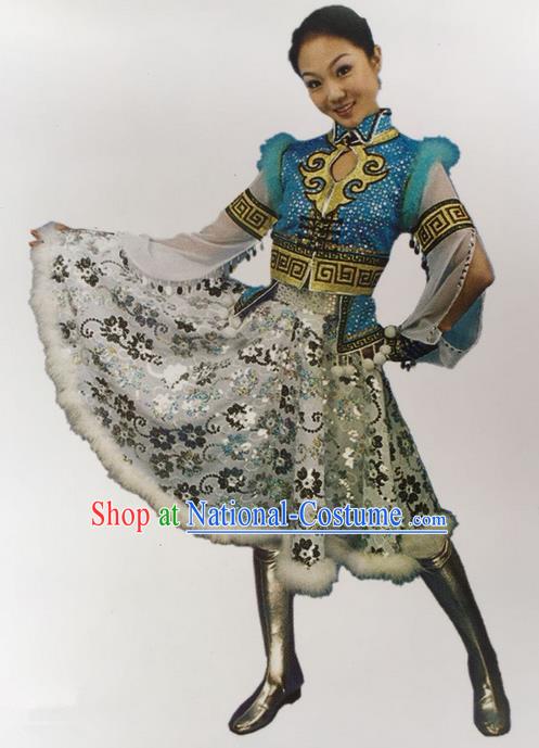 Traditional Chinese Mongol Nationality Dance Costume Blue Mongolian Robe, China Mongolian Minority Nationality Princess Dress Clothing for Women