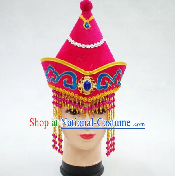 Traditional Handmade Chinese Mongol Nationality Dance Pink Headwear Princess Hat, China Mongols Children Mongolian Minority Nationality Headpiece for Kids