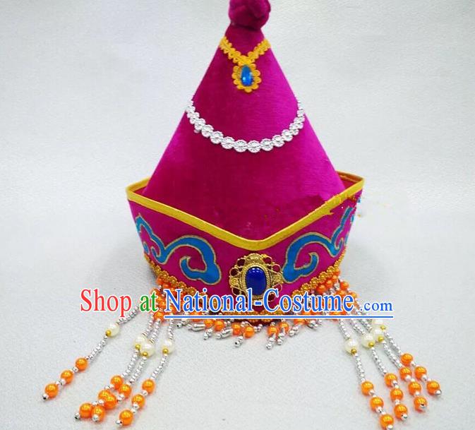 Traditional Handmade Chinese Mongol Nationality Dance Purple Headwear Princess Hat, China Mongols Children Mongolian Minority Nationality Headpiece for Kids