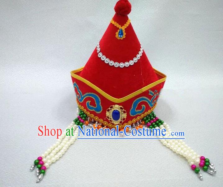 Traditional Handmade Chinese Mongol Nationality Dance Red Headwear Princess Hat, China Mongols Children Mongolian Minority Nationality Headpiece for Kids