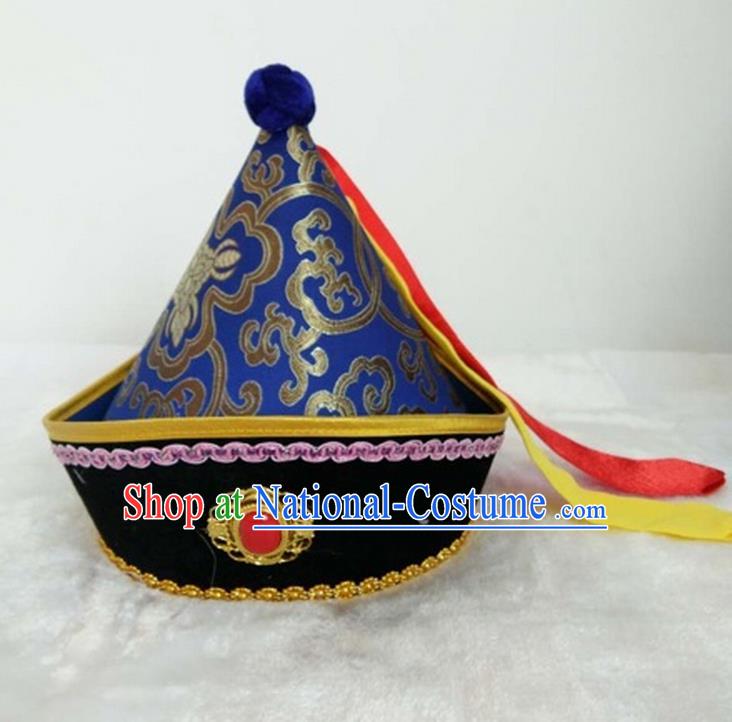 Traditional Handmade Chinese Mongol Nationality Dance Headwear Prince Royalblue Hat, China Mongolian Minority Nationality Children Royal Highness Headpiece for Kids