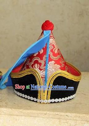 Traditional Handmade Chinese Mongol Nationality Dance Headwear Prince Red Hat, China Mongolian Minority Nationality Children Royal Highness Headpiece for Kids