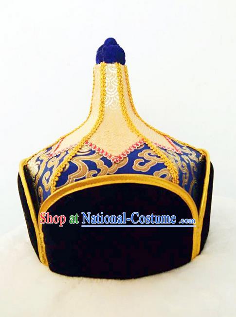 Traditional Handmade Chinese Mongol Nationality Dance Headwear Royal Highness Royalblue Hat, China Mongolian Minority Nationality Children Bridegroom Headpiece for Kids