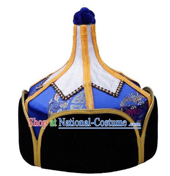 Traditional Handmade Chinese Mongol Nationality Dance Headwear Royal Highness Blue Hat, China Mongolian Minority Nationality Children Bridegroom Headpiece for Kids