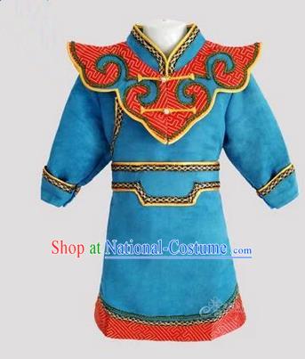 Traditional Chinese Mongol Nationality Dance Costume Handmade Blue Mongolian Robe, China Mongolian Minority Nationality Children Clothing