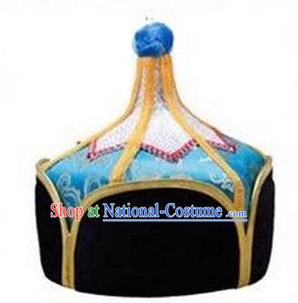 Traditional Handmade Chinese Mongol Nationality Dance Headwear Royal Highness Light Blue Hat, China Mongolian Minority Nationality Children Bridegroom Headpiece for Kids