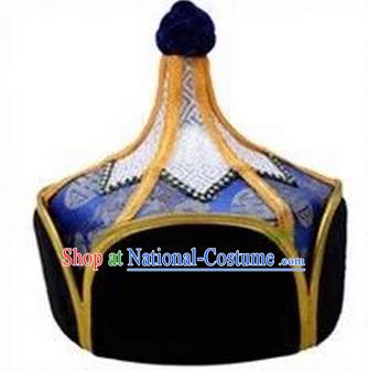 Traditional Handmade Chinese Mongol Nationality Dance Headwear Royal Highness Deep Blue Hat, China Mongolian Minority Nationality Children Bridegroom Headpiece for Kids