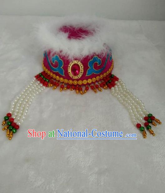 Traditional Handmade Chinese Mongol Nationality Dance Headwear Royal Princess Rosy Hat, China Mongolian Minority Nationality Children Bride Headpiece for Kids