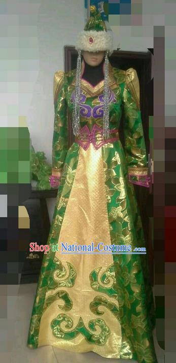 Traditional Chinese Mongol Nationality Dance Costume Handmade Green Queen Mongolian Robe, China Mongolian Minority Nationality Dress Clothing for Women