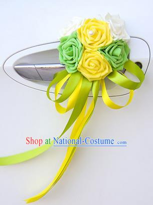 Top Grade Wedding Accessories Decoration, China Style Wedding Car Ornament Six Flowers Bride Green and Yellow Rose Ribbon Garlands