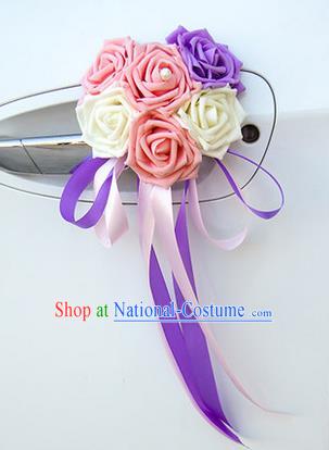 Top Grade Wedding Accessories Decoration, China Style Wedding Car Ornament Six Flowers Bride Pink White and Purple Rose Ribbon Garlands