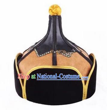 Traditional Handmade Chinese Mongol Nationality Dance Headwear Light Tan Suede Fabric Hat, China Mongolian Minority Nationality Prince Headpiece for Men