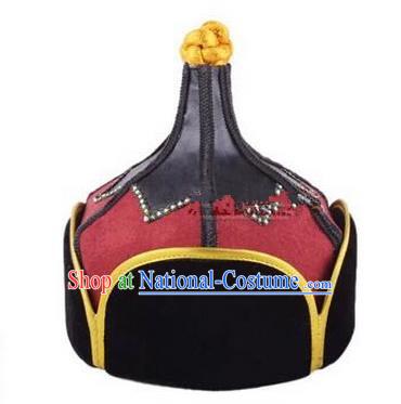 Traditional Handmade Chinese Mongol Nationality Dance Headwear Red Suede Fabric Hat, China Mongolian Minority Nationality Prince Headpiece for Men