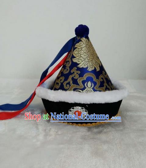 Traditional Handmade Chinese Mongol Nationality Dance Headwear Children Hat, China Mongolian Minority Nationality Royal Highness Blue Headpiece for Kids