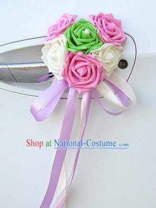 Top Grade Wedding Accessories Decoration, China Style Wedding Car Ornament Six Flowers Bride Pink and White Rose Ribbon Garlands