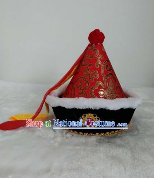 Traditional Handmade Chinese Mongol Nationality Dance Headwear Children Hat, China Mongolian Minority Nationality Royal Highness Red Headpiece for Kids