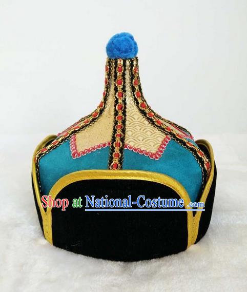 Traditional Handmade Chinese Mongol Nationality Dance Headwear Royal Highness Hat, China Mongolian Minority Nationality Prince Blue Headpiece for Men